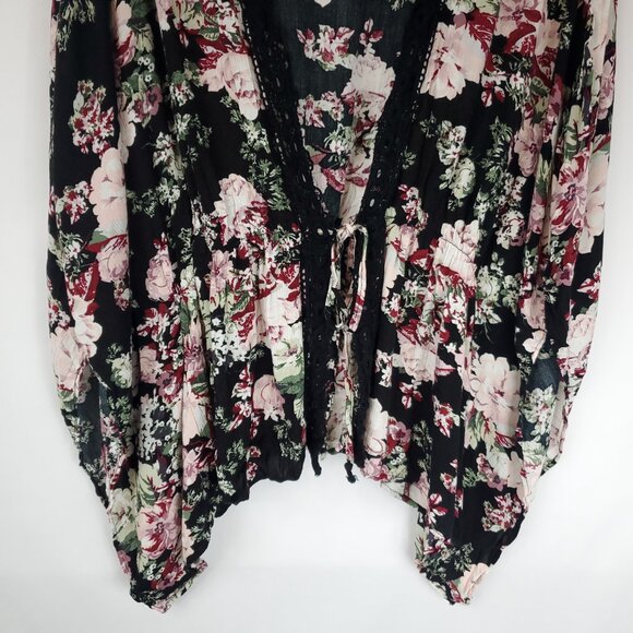 Libery Love Black/Pink Floral Print Tie Front Lace Edge Wmns Sz XL Kimono Blouse - Picture 4 of 15